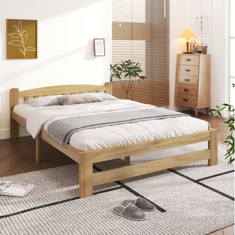 Letto matrimoniale 140x200 cm in legno con testiera e rete a doghe, naturale (1/5)