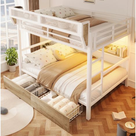 Letto a castello moderno in metallo e MDF bianco 140x200 cm con scaffale, 2 cassetti, cestino laterale e LED