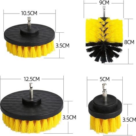 Set of 4 drill brushes, 5 cm, 8 cm, 10 cm, PP material, Bathroom cleaning, Car rims (1/5)