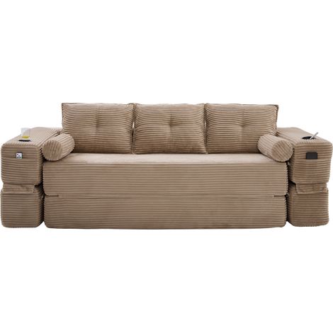 Sofá cama plegable de 3 plazas en pana, espuma y muelles, con bolsillos y portavasos (1/5)