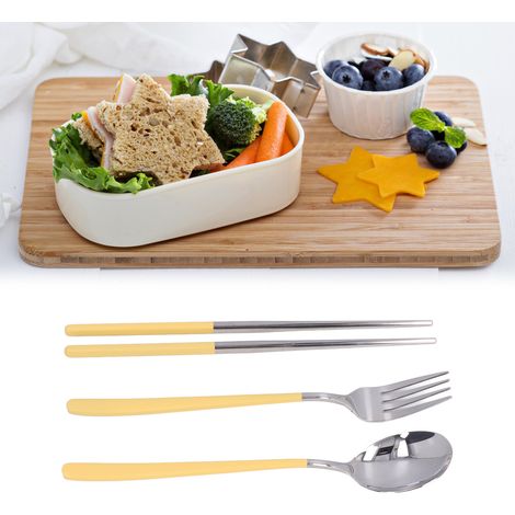 Ensemble de couverts portables en acier inoxydable 304 (baguettes, cuillère et boîte à vaisselle) - Ensemble de trois pièces pour étudiants et employés de bureau (jaune/argent) (1/5)