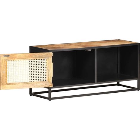 Meuble TV, Étagère TV, Meuble de Salon, 90x30x40 cm Bois de manguier brut et canne naturelle OIB8853E (1/5)