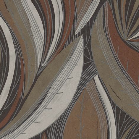 Papel pintado gráfico Profhome 786553 papel pintado vinílico estampado en caliente tejido non tejido texturado con ornamentos florales y acentos metálicos marrón platino negro gris claro 5,33 m2