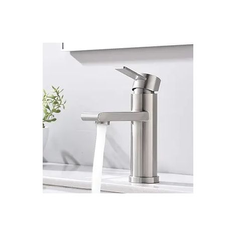 Robinet lavabo salle de bain mitigeur 304 inox bec droit eau chaude froide, sans flexible, pour vasque et toilette. (1/4)