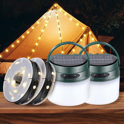 Lot de 2 lanternes de camping solaires avec guirlande lumineuse, lanterne de camping rechargeable de 3 600 mAh avec 3 modes, lampe de tente étanche (1/5)
