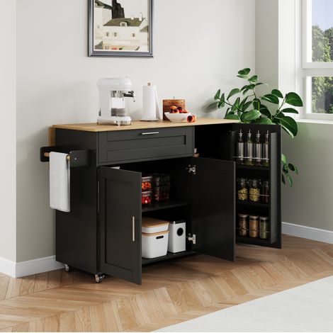 Küchenwagen 132,5/44(70)/90 cm in Schwarz Natur mit klappbarer Arbeitsplatte und Stauraum (1/5)