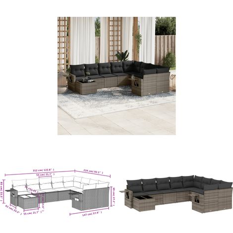 Salon de jardin avec coussins 10 pcs gris résine tressée - Salon De Jardin - Meuble Extérieur - Set Salon - Résine Tressée - Rotin Synthétique - Home & Living (1/3)