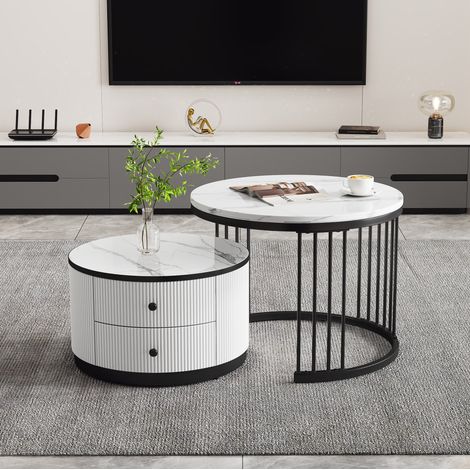 Set di 2 tavolini rotondi sovrapponibili 60x60x45,5 cm e 50x50x32 cm con 2 cassetti, bianco e nero (1/5)