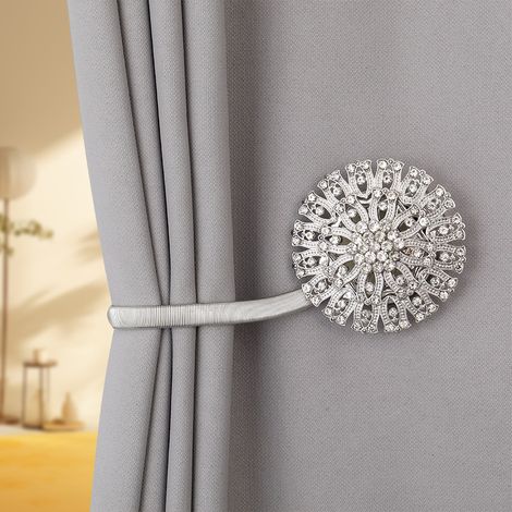 Lot de 2 Embrasses Rideau Aimantées Ciel de Cristal Argent – Attaches Magnétiques Zinc Alliage Fil à Ressort Sans Perçage, Boucles Déco Strass Rondes Moderne Salon Chambre Voilage (1/3)
