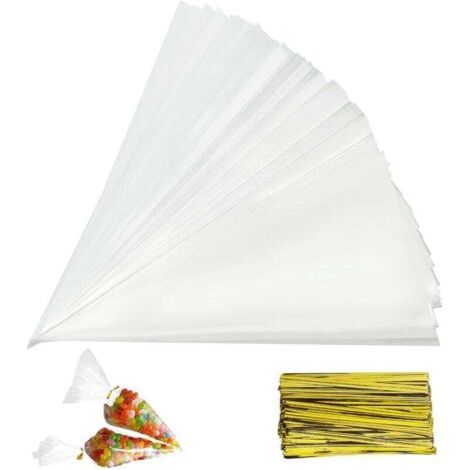 Pair 150 Stück transparente Bonbontüten, durchsichtige Kegeltüten, Plastik-Bonbontüten für Kekse, Hochzeitsgeschenke, zum Verpacken von Keksen, Schokoladenkuchen, Süßwaren (13 x 25 cm)