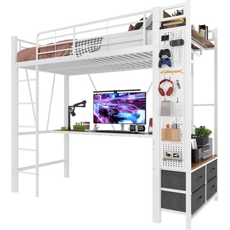Hochbett 90 × 200 cm mit Eisenrahmen, Schreibtisch, Kleiderstange, Regalen, 4 Schubladen, USB + Type-C, LED-Leiste, Geländer und Leiter, Weiß, ohne Matratze