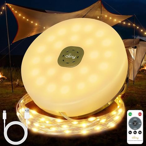 Guirlande lumineuse de camping enroulable, 10 m, 4 en 1, portable, rechargeable, pour l'extérieur, avec 8 modes d'éclairage, minuterie, intensité variable, étanche, USB, lampe de poche pour (1/5)