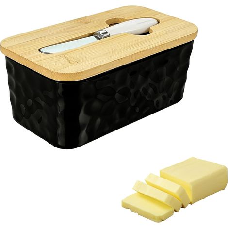 Beurrier en céramique, cloche à beurre avec couteau et couvercle en bois, grande beurre, porcelaine pour 300 g de beurre, cloche à beurre pour la maison et la cuisine (noir) (1/5)