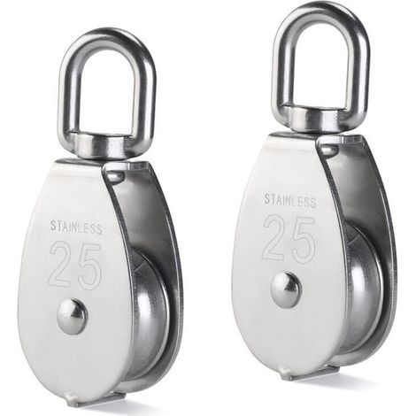 Poulie simple en acier inoxydable - 2 pièces - Idéale pour sacs à dos, porte-clés, chaînes, cordes, camping et plus encore - Argent - 25 mm (1/5)