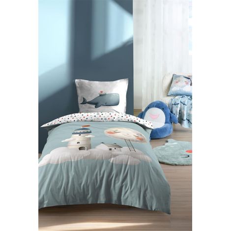 Parure housse de couette enfant MOBY – 140 x 200 cm – 100% coton – Bleu - 140x200cm - Bleu ciel