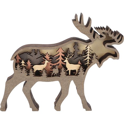 Set de décoration animaux forêt : cerf en bois sculpté multicouche avec LED, décoration bureau maison, cadeau lumineux (avec batterie intégrée). (1/5)