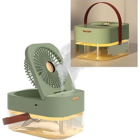 Ventilateur de bureau brumisateur pliable et silencieux avec veilleuse intégrée, idéal pour la maison, les voyages et le bureau (vert). (1/5)