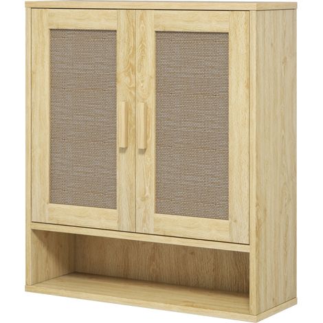 Meuble mural salle de bain WC suspendu 2 portes + étagère ouverte 59x20x66,5 cm chêne effet bois (1/5)