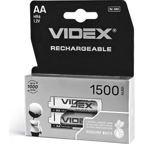 Set di 2 batterie AA al nichel-metallo idruro Videx da 1,2 V 1500 mAh HR6