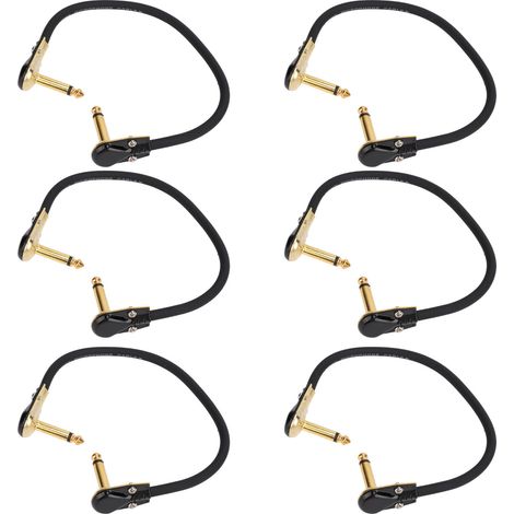 Lot de 6 câbles d'effet pour guitare électrique, coudés à droite, 6,35 mm (1/4 pouce), 30 cm, tête plate, dorés. (1/5)