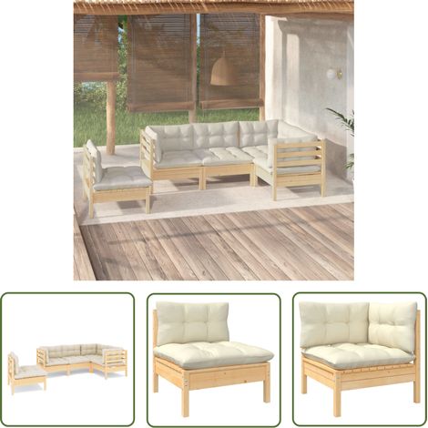 INLIFE Salon de jardin 5 pcs avec coussins crème Bois de pin (1/5)