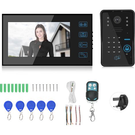 Sonnette vidéo filaire 7 pouces, carte de mot de passe, télécommande, vision nocturne, interphone de porte 100-240V UK (1/5)