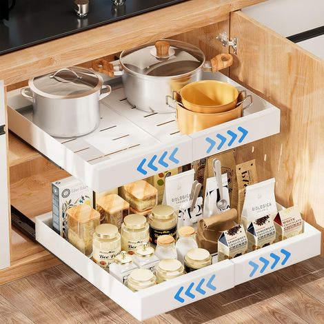 Organisateur de placard coulissant - Tiroir coulissant extensible, étagère de rangement coulissante robuste avec film nano adhésif pour cuisine, garde-manger, salle de bain, rangement sous évier (Blan (1/5)
