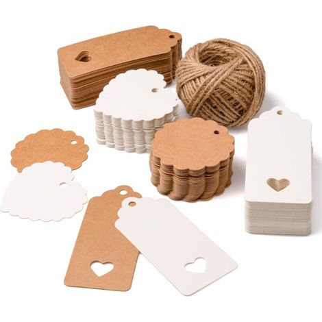 SHINING HOUSE Geschenkanhänger, 200 Stück, braune und weiße Kraftpapieranhänger, leere, rechteckige, runde, herzförmige Anhänger, Anhänger für Hochzeitsgeschenk, Weihnachtsfeier, 26 m Juteschnur (1/5)