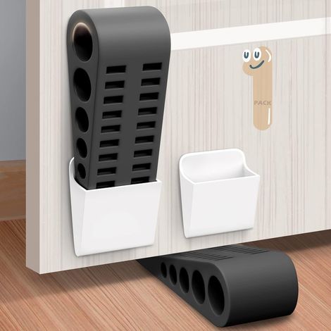 Rubber Door Stoppers for Bottom of Door - Door Stop Wedge with Holder for Home Office Stackable on Multi Floor Carpet Concrete Tile Linoleum & Wood Heavy Duty Doorstop No Sliding Drilling Black (1/5)