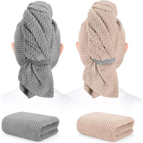 Set mit 2 Mikrofaser-Haartüchern – 101,6 x 61 cm – Ultraweich, saugfähig und schnelltrocknend – Ideal für langes, dickes und lockiges Haar – Turbane mit Gummizug (1/5)