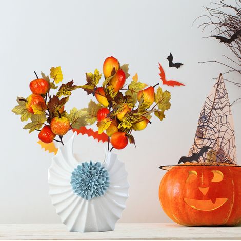 Branche décorative automnale feuille d'érable, citrouille et fruits (décoration d'intérieur Thanksgiving/Récolte/Halloween) - Branche pomme, 24 cm (1/5)
