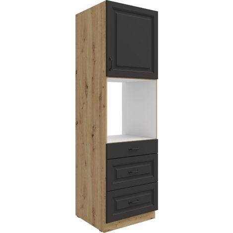 Küchen Backofen Hochschrank 60 cm mit Schubladen Stilo Grau + Eiche Artisan Küchenzeile Küchenblock Einbauküche Landhaus Küche (1/5)