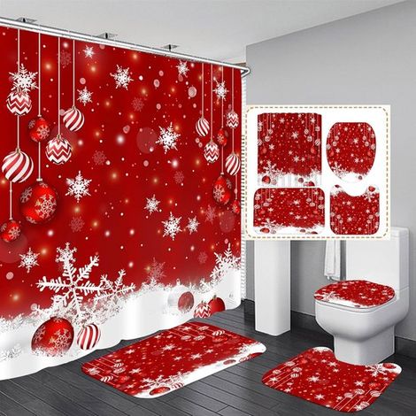 Set di 4 pezzi per decorazioni natalizie da bagno in rosso: tenda da doccia con palline di Natale, motivo neve invernale, con 12 ganci, decorazione festiva per il bagno. (1/5)