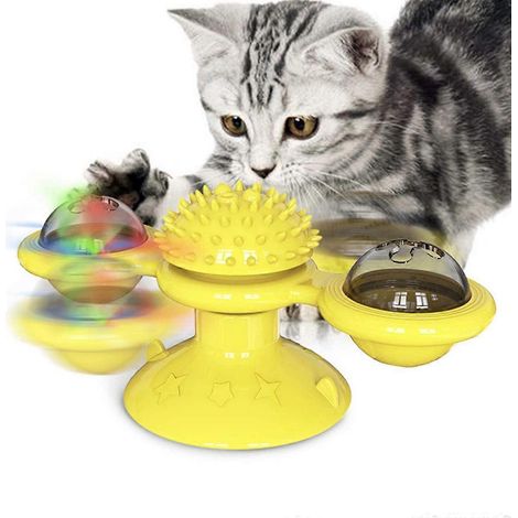 Jouet interactif pour chat en forme de moulin à vent avec balle lumineuse LED et ventouse, jouet à mâcher et d'exercice amusant pour les chats d'intérieur, stimulant le jeu des chatons et soulage leur