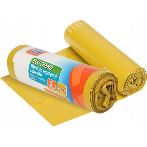 Sacs poubelles jaunes 120L – Lot de 5 sacs en film PEBD épais – Pour tri sélectif des déchets recyclables