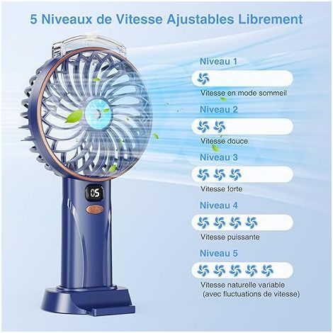 Ventilateur Pulvérisateur à Main, Mini Ventilateurs USB Rechargeables, 5 Vitesses avec Écran LED, Base Détachable, Puissant et Silencieux Fan, Idéal pour Maison, Bureau, Dortoir ou Voyages (1/5)