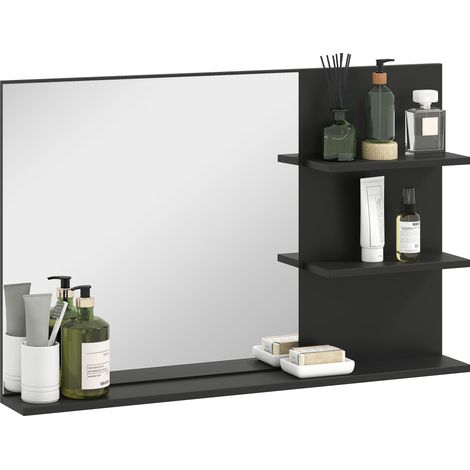 Miroir de salle de bain moderne avec deux étagères latérales et une étagère inférieure, en bois et verre, 75x10x48 cm, noir. (1/5)