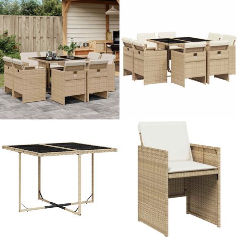 9-tlg. Garten-Essgruppe mit Kissen Beige Poly Rattan - Gartensessel - Gartenmöbel Set - Outdoor Möbel - Terrassenmöbel - Gartentisch - Home & Living (1/5)
