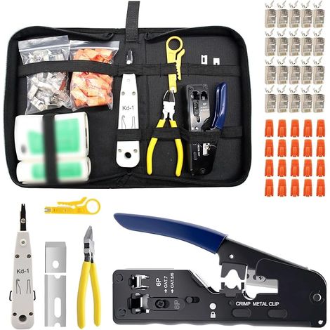 RJ45 Crimping Pliers, Network Tool Kit with 20 RJ45 Cat7/Cat6a Pass Through, Network Tester, LSA Punching Tool, Wire Stripper, Repair Tools RJ45/RJ11/R (1/5)