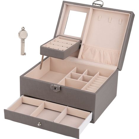 Boîte de Rangement pour Bijoux en Cuir PU Imperméable, Organisateur à Double Couche Grande Capacité pour Accessoires, Gris