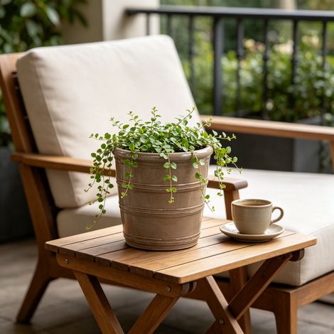 Pot de fleurs individuel en céramique artisanale (Ø 24 cm), brun taupe brillant, à rainures horizontales, respirant et résistant au gel, avec trous de drainage, idéal pour les petites plantes d'intéri (1/4)