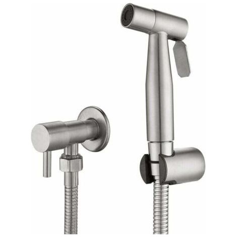 Douchette WC Kit Complet avec Vanne 3 Voies (1/2"-3/8") - Acier Inoxydable 304, Tuyau 1.5m, Valve Céramique, Kit d'Installation, Taille Standard France - Argent (1/4)