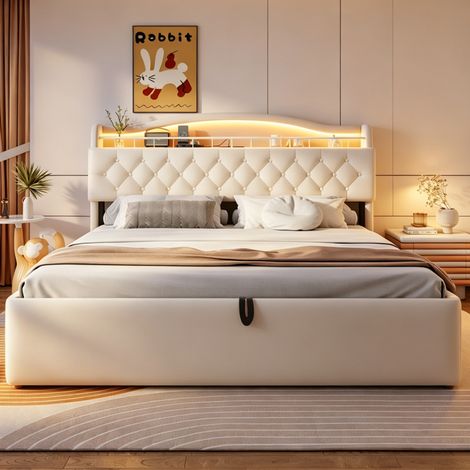 Lit coffre capitonné 180x200cm - velours - sommier hydraulique - LED - chargeurs USB-C - tête strass - Beige (1/5)