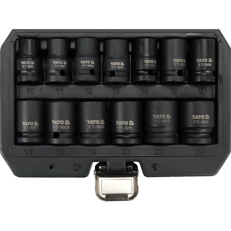 Yato – Jeu de 13 douilles à choc courtes 6 pans carré 1/2 – Acier CrMo pour usage intensif – Dimensions de 10 à 24 mm – Coffret inclus