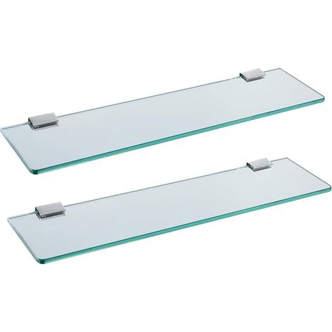 Lot de 2 Étagère Murale Verre Trempé Acier Inoxydable Chromé Support Salle De Bain Cuisine (1/5)