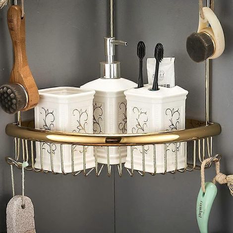 Panier de douche à 2 niveaux en laiton antirouille étagère d'angle murale dorée avec crochet et porte-shampoing. (1/4)