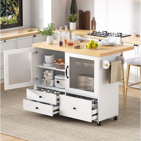 Isola cucina 100 cm con piano estraibile, bianco/naturale, con spazio contenitivo e ruote (1/5)