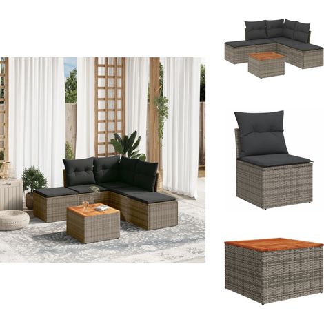 Salon de jardin 6 pcs avec coussins gris résine tressée - Salon De Jardin - Mobilier De Jardin - Set Salon Extérieur - Résine Tressée - Poufs (1/5)