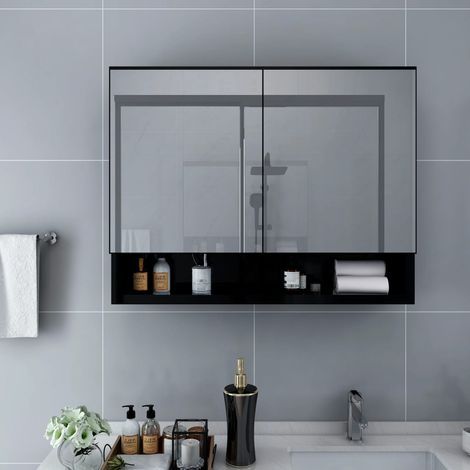 Armoire de toilette avec miroir LED, noire, 80 x 15 x 60 cm, MDF (1/5)