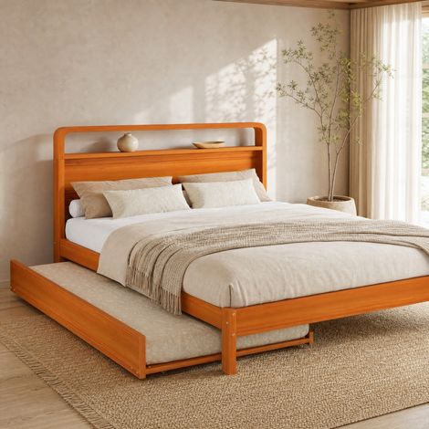 Letto estraibile 140/200 cm con letto ospite 90/190 cm in legno naturale, salvaspazio con testiera arrotondata (1/5)
